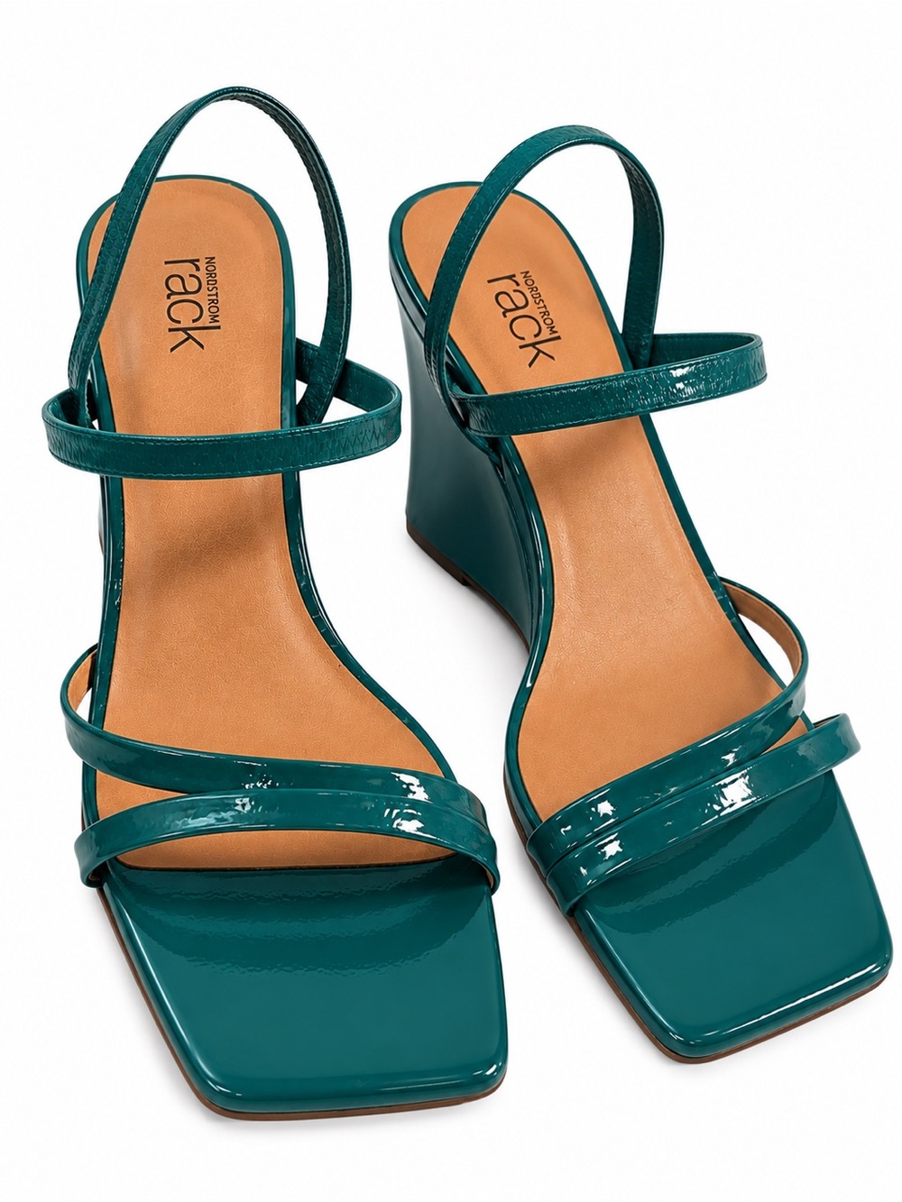 Nordstrom Rack Teal Patent Wedge Sandals Square Toe Size 7